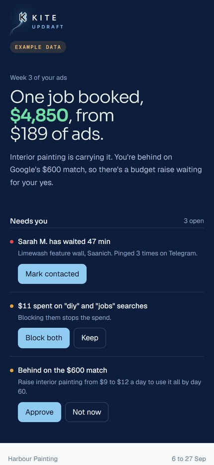 Needs you: the approvals on the Kite Updraft screen, example data